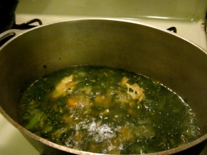 Chicken soup simmering on the stove